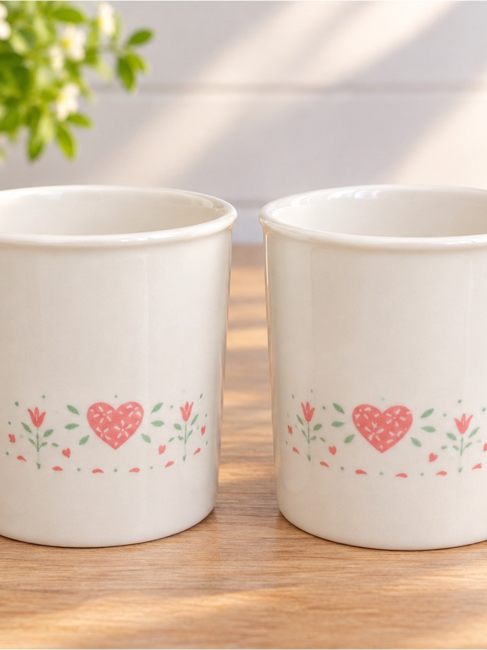 Corelle Cream Mugs with Pink Heart and Green Floral Accent